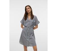 Hemdblusenkleid VERO MODA "VMBUMPY SS SHORT SHIRT DRESS WVN GA NOOS", Damen, Gr. L, N-Gr, Kurzarm, Web, weiß (india ink stripes:snow weiß), Web, Obermaterial: 100% Viskose, gestreift, regular fit kurz
