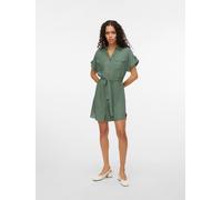 Hemdblusenkleid VERO MODA "VMBUMPY SS SHORT SHIRT DRESS WVN GA NOOS", Damen, Gr. XL, N-Gr, grün (laurel wreath), Web, Obermaterial: 100% Viskose, unifarben, regular fit kurz, V-Ausschnitt, Kleider Hem