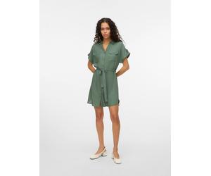 Hemdblusenkleid VERO MODA "VMBUMPY SS SHORT SHIRT DRESS WVN GA NOOS", Damen, Gr. XL, N-Gr, grün (laurel wreath), Web, Obermaterial: 100% Viskose, unifarben, regular fit kurz, V-Ausschnitt, Kleider, Vi