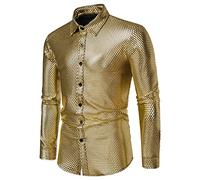 Hemden Herren Glänzende Metallic Pailletten Hemd Gold Revers Glänzende Shirt Langarm Freizeit Business Hemden Clubwear Disco-Stil Karnevalskostüme Glitzerhemd für Karneval Party