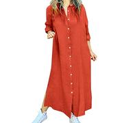 Hemdkleid Damen Lang -Leinenkleid Damen Sommer -Blusenkleid Damen Elegant mit Stehkragen Maxikleid Sommerkleid Tunika Kleider Strandkleid Große Größe Freizeitkleid Langes Tshirt Kleid 3/4 Ärmel