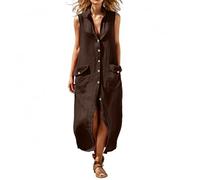 Hemdkleid Stehkragen Strandkleid Knöpfe Sommerkleid Mit Taschen Maxikleid Ärmellos Locker Urlaub Strand Freizeit Coffee L