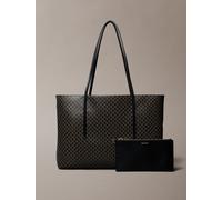 Henkeltasche CALVIN KLEIN "AOP TOTE W/ POUCH ON STRAP", Damen, Gr. B/H/T: 39cm x 27,5cm x 12,5cm, schwarz (schwarz aop), Polyester, bedruckt, Taschen, Umhängetasche, Schultertasche, Set, mit Monogramm