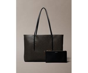 Henkeltasche CALVIN KLEIN "AOP TOTE W/ POUCH ON STRAP", Damen, Gr. B/H/T: 39cm x 27,5cm x 12,5cm, schwarz (schwarz aop), Polyester, bedruckt, Taschen, Umhängetasche, Schultertasche, Set, mit Monogramm