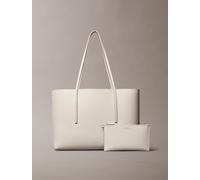 Henkeltasche CALVIN KLEIN "FOIL LOGO TOTE W/POUCH", Damen, Gr. B/H/T: 40cm x 28cm x 12cm, beige (chateau, desert taupe), Lederimitat, unifarben, Taschen, Damen-Schultertasche mit Reißverschluss-Tasche