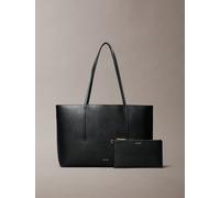Henkeltasche CALVIN KLEIN "FOIL LOGO TOTE W/POUCH", Damen, Gr. B/H/T: 40cm x 28cm x 12cm, schwarz (schwarz, toasted coconut), Lederimitat, unifarben, Taschen, Damen-Schultertasche mit Reißverschluss-T