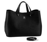 Henkeltasche TOMMY HILFIGER "TH EMBLEM SATCHEL", Damen, Gr. B/H/T: 37,5cm x 27,5cm x 22cm, schwarz (bds schwarz), Polyurethan, Strukturmuster, unifarben, Taschen, mit TH-Emblem vorne (37386840-0) bds 