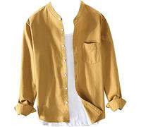 Henley Herren Smart Shirt Button-Up Shirt Oxford Langarm Casual Kragenlos Strand Langarm Baggy T-Shirts Top, gelb, 3XL