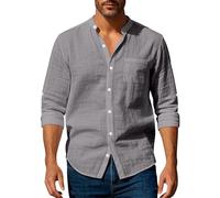 Henley Shirt Herren Langarm Baumwolle Leinen Stehkragenhemd Herren Button Down Freizeithemden Leichtes Sommerhemd Casual Regular Fit Business Hemd Mit Tasche Dunkelgrau Shirt M