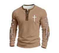 Henley Shirt Herren Langarmshirt mit Kreuz und Stern-Flaggen Print im Used-Look Sommer Leicht Oberteile Bequeme Freizeitshirts Casual Long Sleeve Weiches für Freizeit Alltags, Geschenke