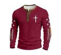 Henley Shirt Herren Langarmshirt mit Kreuz und Stern-Flaggen Print im Used-Look Sommer Leicht Oberteile Bequeme Freizeitshirts Casual Long Sleeve Weiches für Freizeit Alltags, Geschenke