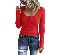 Henley T Shirt Damen Langarm Strickpullover U-Ausschnitt Button Down Langarmshirt Pullover Basic Tee Große Größen Gestricktes T Shirt Sweater Pulli Oberteile Tunika Top Bluse Strickshirt Sweatshirt