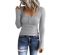 Henley T Shirt Damen Langarm Strickpullover U-Ausschnitt Button Down Langarmshirt Pullover Basic Tee Große Größen Gestricktes T Shirt Sweater Pulli Oberteile Tunika Top Bluse Strickshirt Sweatshirt