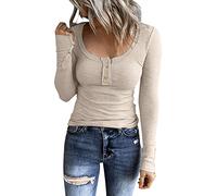 Henley T-Shirt Damen Langarm Strickpullover U-Ausschnitt Button Down Langarmshirt Pullover Basic Tee Große Größe Gestricktes T-Shirt Sweater Pulli Oberteile Tunika Top Bluse Strickshirt Sweatshirt
