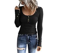 Henley T Shirt Damen Langarm Strickpullover U-Ausschnitt Button Down Langarmshirt Pullover Basic Tee Große Größen Gestricktes T Shirt Sweater Pulli Oberteile Tunika Top Bluse Strickshirt Sweatshirt