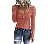 Henley T Shirt Damen Langarm Strickpullover U-Ausschnitt Button Down Langarmshirt Pullover Basic Tee Große Größen Gestricktes T Shirt Sweater Pulli Oberteile Tunika Top Bluse Strickshirt Sweatshirt