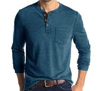 Henley-T-Shirt für Herren, Baumwolle, langärmelig, klassisch, lässig, Oberteil, ohne Kragen, Golf-Hemden, schmale Passform, Baumwoll-T-Shirt mit Tasche, Arbeit, Büro, blau, M