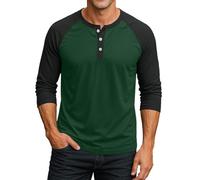 Henley T Shirt Herren 3/4 Ärmel Raglan Freizeithemd Sommer Shirts Langärmliges Slim Fit Oberteile Casual Baseball Shirt Men's Fashion Sommerhemd Plus Größe Henley Hemd Regular Fit F Dark Green 3XL