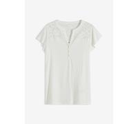 Henleyshirt BONPRIX "Henleyshirt aus Viskose-Mix", Damen, Gr. 36/38 (S), weiß (wollweiß), Obermaterial: 95% Viskose, 5% Elasthan. Spitze: 95% Polyester, 5% Elasthan, figurumspielend, Shirts Henleyshir