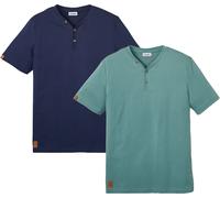 Henleyshirt BONPRIX "Henleyshirt (2er Pack) aus reiner Baumwolle", Herren, Gr. 60/62 (XXL), blau (dunkelblau, graugrün), Jersey, Obermaterial: 100% Baumwolle, mehrfarbig, unifarben, regular fit normal