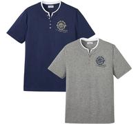 Henleyshirt BONPRIX, Herren, Gr. 68/70 (4XL), blau (dunkelblau, grau meliert bedruckt), Jersey, Obermaterial: 100% Baumwolle, meliert, unifarben mit Farbeinsätzen, regular fit hüftlang, Rundhals, Lage
