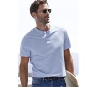 Henleyshirt H.I.S, Herren, Gr. S (44/46), blau (hellblau), Slub, Obermaterial: 100% Baumwolle, meliert, regular fit normal, Rundhals, abgesteppte Kante, Shirts, Kurzarmshirt mit Henleykragen, struktur