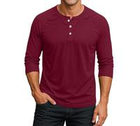 Henleyshirt Herren 3/4 Arm Pullover Muskelshirt Baumwolle Komfortable T-Shirts Hemden mit Knopfleiste Freizeithemden V Ausschnitt Herbst Winter Langarmshirt Sweatshirt Unterhemden Top(#E Wine,XXL)