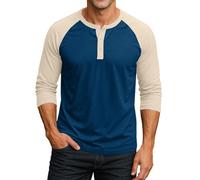 Henleyshirt Herren 3/4 Arm Pullover Muskelshirt Baumwolle Komfortable Tshirts Basic Hemd mit Knopfleiste Freizeithemden V Ausschnitt Herbst Winter Langarmshirt Sweatshirt Unterhemden Top(#E Navy,L)