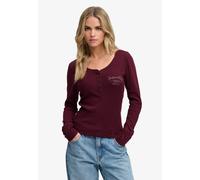 Henleyshirt SUPERDRY "ATHLETIC BUTTON DOWN LS TOP", Damen, Gr. XL, rot (port rot), Single Jersey, Obermaterial: 57% Baumwolle, 39% Polyester, 4% Elasthan, unifarben, skinny fit normal, Rundhals, Shirt