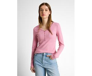 Henleyshirt TOM TAILOR DENIM, Damen, Gr. L, pink weiß stripe, Rippware, Obermaterial: 95% Baumwolle, 5% Elasthan, gestreift, regular fit normal, V-Ausschnitt, gerader Abschluss, Shirts, mit Streifen M