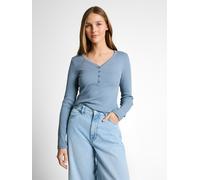 Henleyshirt TOM TAILOR DENIM, Damen, Gr. S, blau (mid blau weiß stripe), Rippware, Obermaterial: 95% Baumwolle, 5% Elasthan, gestreift, regular fit normal, V-Ausschnitt, gerader Abschluss, Shirts, mit
