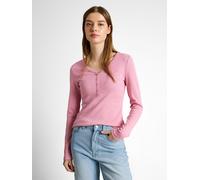 Henleyshirt TOM TAILOR DENIM, Damen, Gr. XS, pink weiß stripe, Rippware, Obermaterial: 95% Baumwolle, 5% Elasthan, gestreift, regular fit normal, V-Ausschnitt, gerader Abschluss, Shirts, mit Streifen