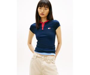 Henleyshirt TOMMY JEANS "TJW SLIM HENLEY BADGE SS TEE", Damen, Gr. M (38), schwarz night navy, Single Jersey, Obermaterial: 95% Baumwolle, 5% Elasthan, unifarben mit Farbeinsatz, slim fit hüftlang, Ru