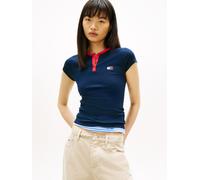 Henleyshirt TOMMY JEANS "TJW SLIM HENLEY BADGE SS TEE", Damen, Gr. S (36), schwarz night navy, Single Jersey, Obermaterial: 95% Baumwolle, 5% Elasthan, unifarben mit Farbeinsatz, slim fit hüftlang, Ru