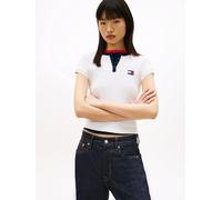 Henleyshirt TOMMY JEANS "TJW SLIM HENLEY BADGE SS TEE", Damen, Gr. XL (42), ecru, Single Jersey, Obermaterial: 95% Baumwolle, 5% Elasthan, unifarben mit Farbeinsatz, slim fit hüftlang, Rundhals, Shirt