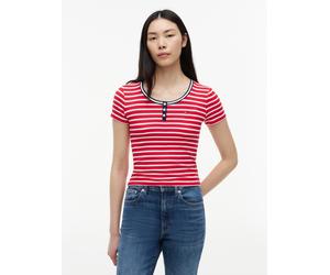 Henleyshirt TOMMY JEANS "TJW SLIM HENLEY SS TEE", Damen, Gr. L (42/44), rot (amaryllis rot, stripe), Single Jersey, Obermaterial: 95% Viskose, 5% Elasthan, gestreift, slim fit normal, Rundhals, Shirts