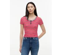 Henleyshirt TOMMY JEANS "TJW SLIM HENLEY SS TEE", Damen, Gr. S (36/38), rot (amaryllis rot, stripe), Single Jersey, Obermaterial: 95% Viskose, 5% Elasthan, gestreift, slim fit normal, Rundhals, Shirts