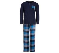 Henry Terre Herren Pyjama Carlo mit Karo Muster Langarm Schlafanzug Baumwolle Brusttasche M-3XL, Farbe:Navy, Größe:L
