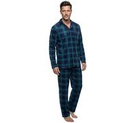 Henry Terre Herren Pyjama Kent Velour Schlafanzug Set M-3XL Baumwolle Hose & Langarm-Shirt Sportliches Karo Design, Farbe:Navy, Größe:L