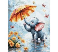 Henypt Kreuzstich-Set,Der kleine Elefant hält einen Regenschirm vollständige Palette von Stickmustern,Starter-Sets für Anfänger,Erwachsene,DIY-Kreuzstich-Set,11CT/30x40cm