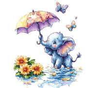 Henypt Kreuzstich-Stickset,Der kleine Elefant hält einen Regenschirm DIY gestempelte Kreuzstich-Sets Handarbeiten Komplette Reihe vorgedruckter Stick-Starter-Sets für Anfänger 12x16in
