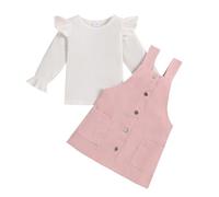 HEOXIN Baby Infant Toddle Kord-Trägerrock, Toddler Tops + Cordrock 2PCS Set, Newborn T-Shirt mit Ruffle Sleeve, ärmelloser Cordrock mit Taschen und Knopf Overall Kleid für 4 Jahre - 5 Jahre, Rosa