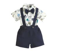 HEOXIN Baby Jungen Gentleman Anzug, Baby Kleidung Gentleman's Fliege Druckknopf Schritt Neugeborenes Kostüm, Baby Boy Gentleman Outfit Knopf Dehnen Hosenträger Shorts Baby Clothes, Blau, 12-18 Monate