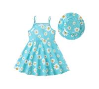 HEOXIN Baby Mädchen Kleid, Neugeborenen Blumen Gänseblümchen Muster Hosenträger Rundhalsausschnitt Passende Mütze Dress Clothes Rüschen Kleider Sommer Outfit Kleidung Clothes, Blau, 12-18 Monate