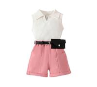 HEOXIN Baby Mädchen Kleidung Sets, V Ausschnitt Polo Kragen Ärmellos Gerippte Weste Dehnen Shorts mit Taschen Outfits, Passende Gürtel Geldbörse Sommerkleidungs-Sets Mädchen, Rosa, 18-24 Monate