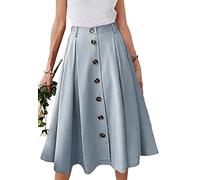 HERBATOMIA Plissierter A-Linien-Midirock mit elastischer Taille, Knopfleiste vorne, lässig, ausgestellt, lange Röcke mit Tasche für Damen, blau, Klein