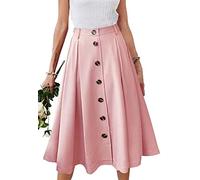HERBATOMIA Plissierter A-Linien-Midirock mit elastischer Taille, Knopfleiste vorne, lässig, ausgestellt, lange Röcke mit Tasche für Damen, rose, Klein