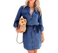 Herbst Kleider Damen, Damen Western-Jeanskleid Elegant Lange Ärmel Taillengürtel Button-Down-Hemdkleid Herbst Lässig Locker Geschwungenes Minikleid Vintage-Waschung Verblasste Jeanskleider Dunkel