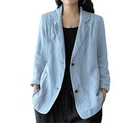Herbst OL Anzug Blazer, Casual Solid Revers Dünne Jacken Frauen Langarm Baumwolle Leinen Mäntel Outwear, hellblau, 48