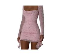 Herbst Slash Neck Wrap Hüfte Party Kleid Sexy Einfarbig Nagel Perlen Design Kleid Weibliche Lange Hülse Dünne Club A-Linie Kurze Kleider